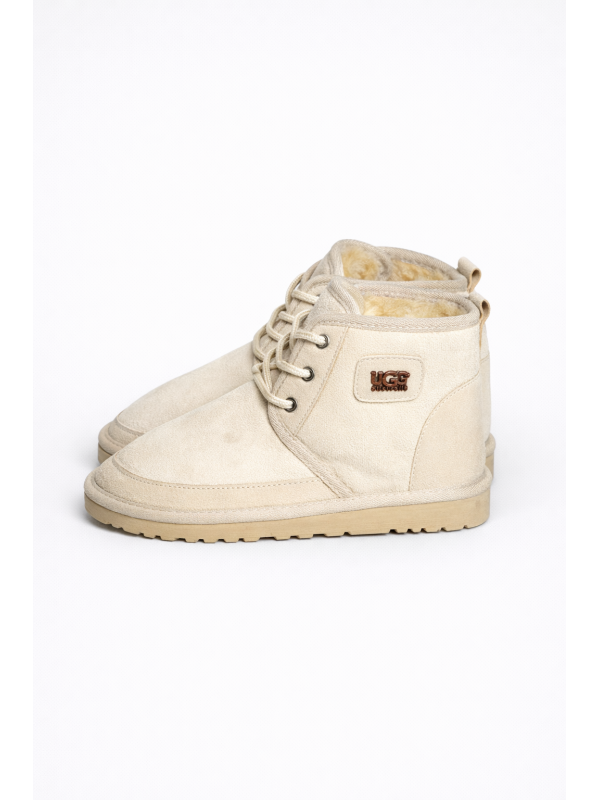 UGG-Bağcıklı Süet Tüylü Kadın Bot - Bej
