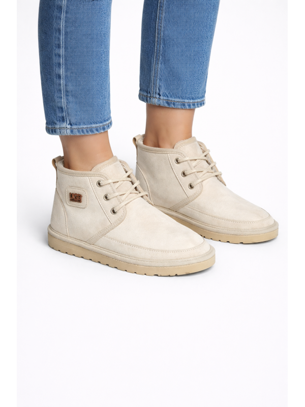 UGG-Bağcıklı Süet Tüylü Kadın Bot - Bej